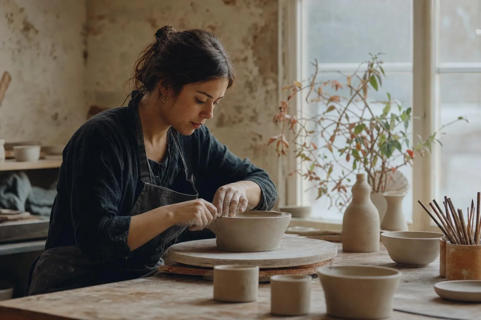 Finished handmade ceramic cups drying on a wooden studio shelf