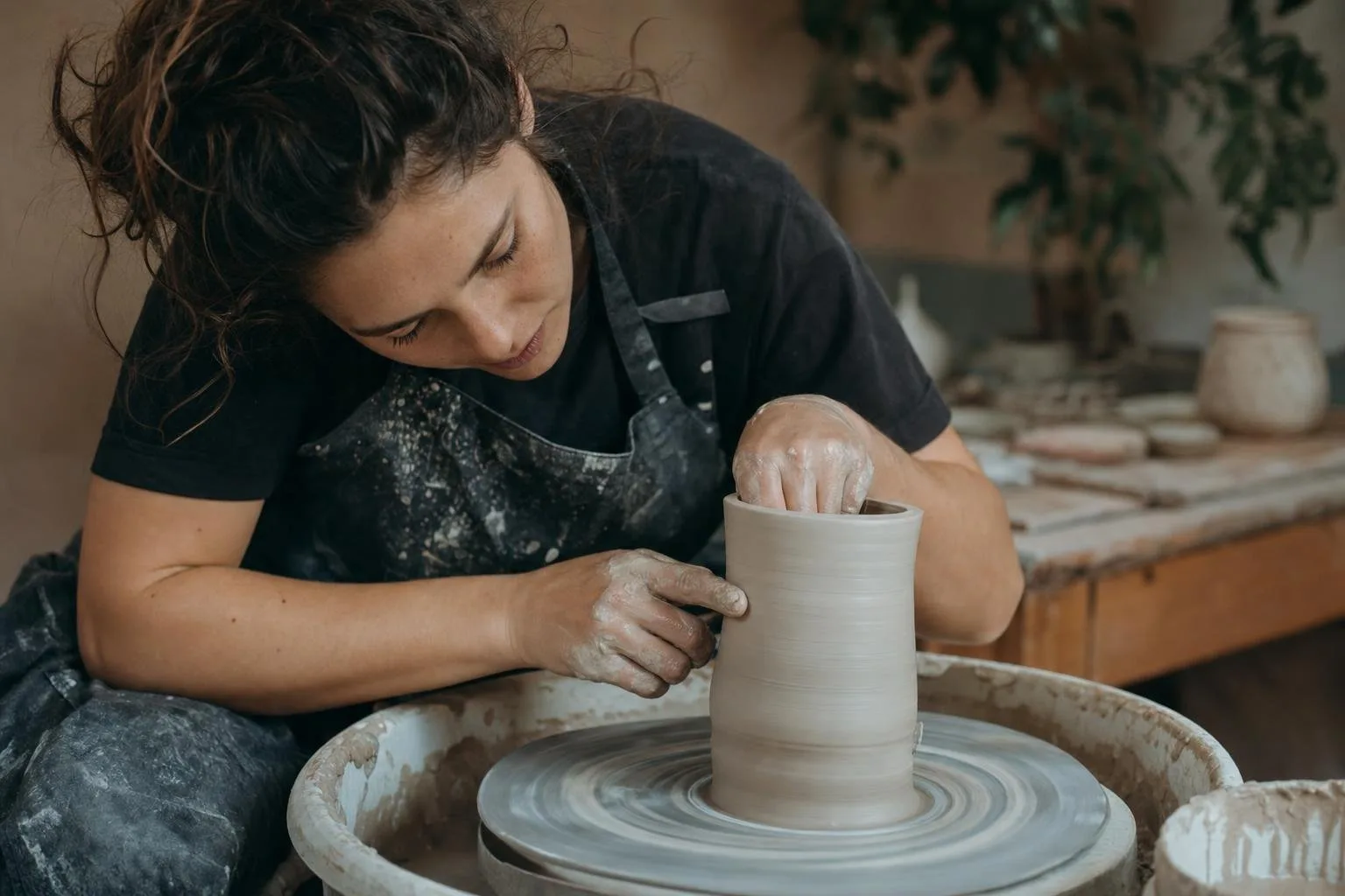 Hands centering clay on a potter's wheel in a ceramics class
