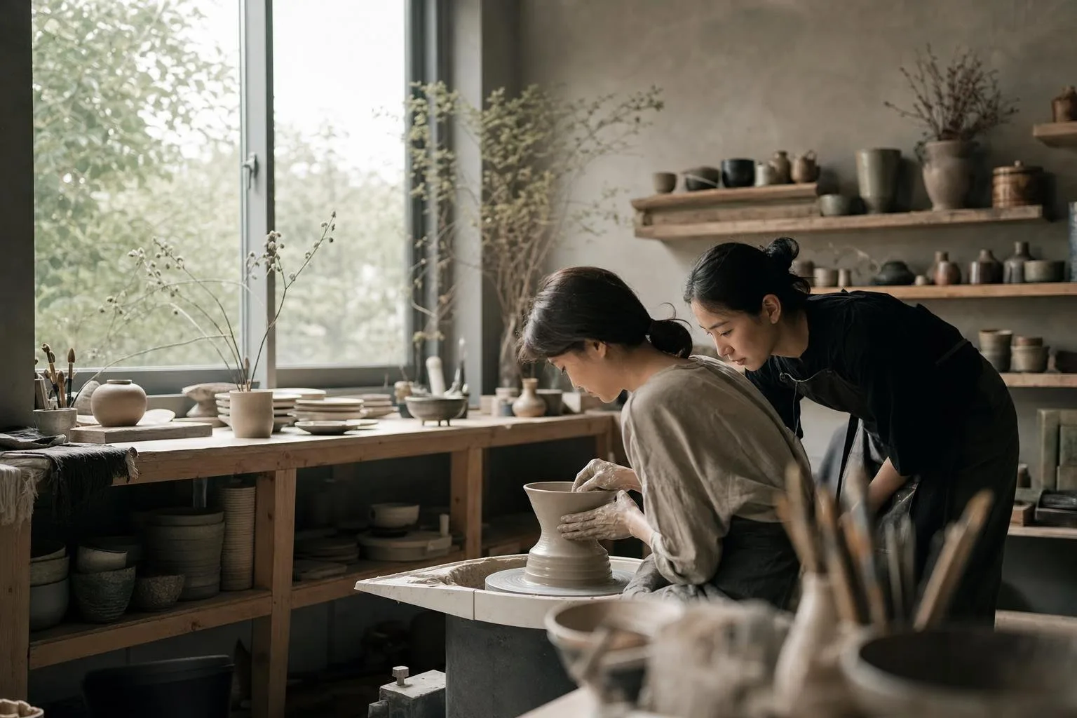Terracotta-toned still — freshly thrown stoneware bowls drying beside the wheel in warm earthen light